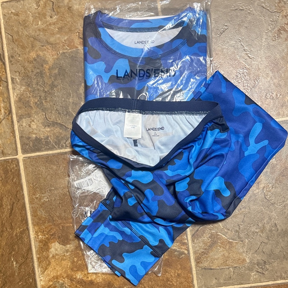 Lands' End Vibrant Blue Camo Heatwear Top and Bottom